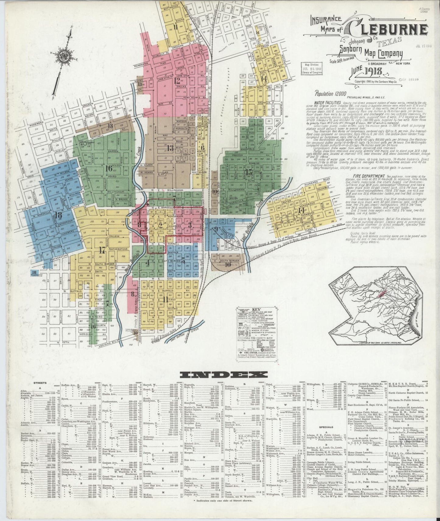 Sanborn Fire Insurance Map from Cleburne, Johnson County, Texas (1918), Sheet #0001 - Historic Sanborn Fire Insurance Map Print, vintage old map wall art, antique decor, genealogy gift, Texas Texas map