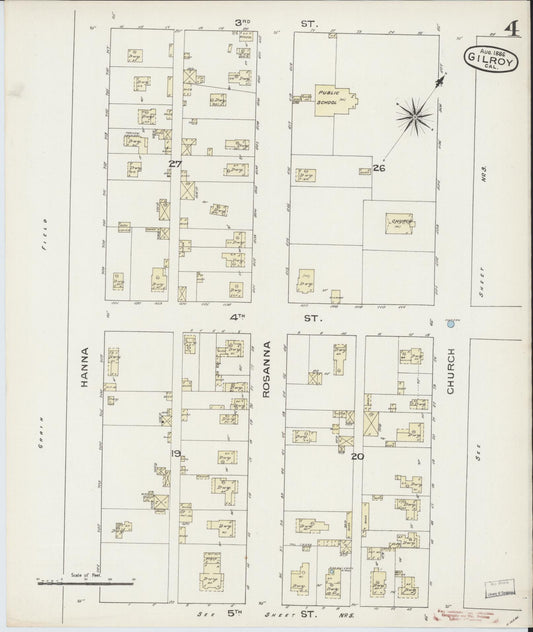 Sanborn Fire Insurance Map from Gilroy, Santa Clara County, California (1886), Sheet #0004 - Historic Sanborn Fire Insurance Map Print, vintage old map wall art, antique decor, genealogy gift, California California map