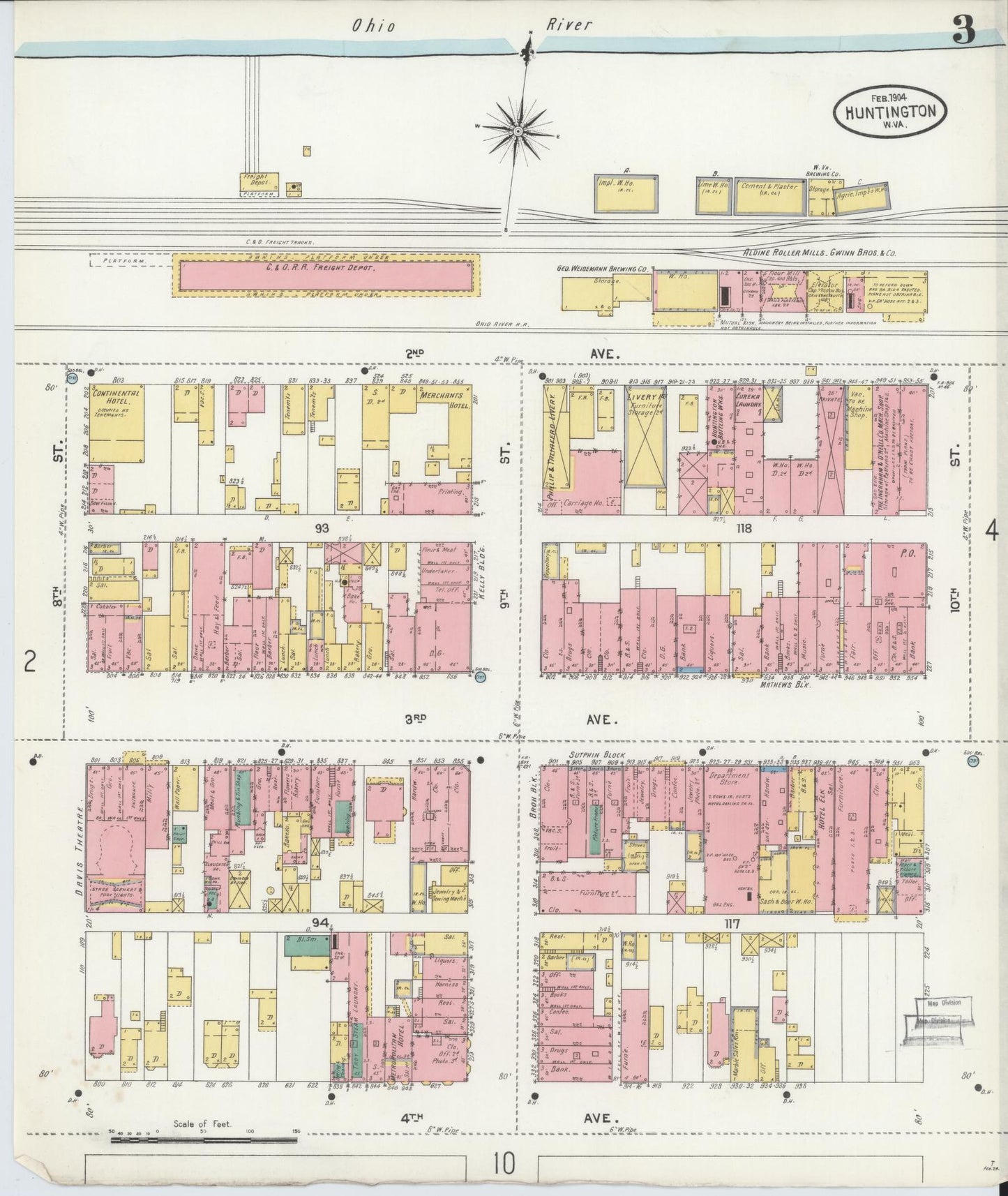 Sanborn Fire Insurance Map from Huntington, Cabell County, West Virginia (1904), Sheet #0003 - Complete Map Set gallery image, historic Sanborn map, vintage wall art, West Virginia West Virginia