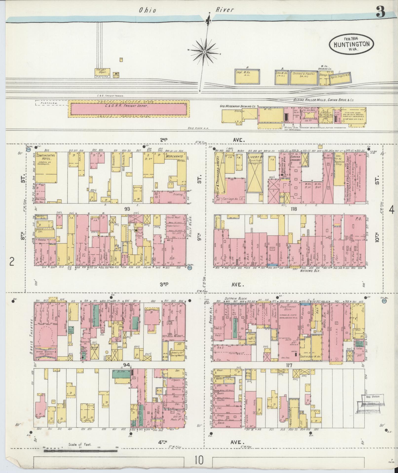 Sanborn Fire Insurance Map from Huntington, Cabell County, West Virginia (1904), Sheet #0003 - Complete Map Set gallery image, historic Sanborn map, vintage wall art, West Virginia West Virginia