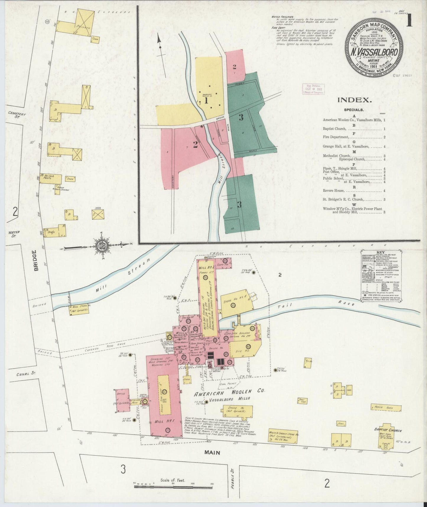 Sanborn Fire Insurance Map from North Vassalboro, Kennebec County, Maine (1911), Sheet #0001 - Complete Map Set gallery image, historic Sanborn map, vintage wall art, Maine Maine