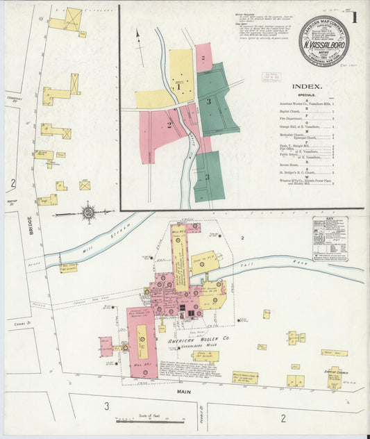 Sanborn Fire Insurance Map from North Vassalboro, Kennebec County, Maine (1911), Sheet #0001 - Complete Map Set gallery image, historic Sanborn map, vintage wall art, Maine Maine