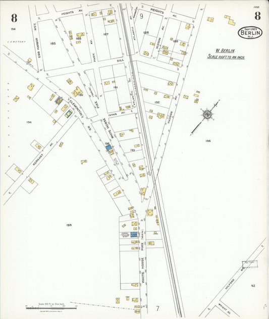 Sanborn Fire Insurance Map from Berlin, Camden County, New Jersey (1923), Sheet #0008 - Historic Sanborn Fire Insurance Map Print, vintage old map wall art, antique decor, genealogy gift, New Jersey New Jersey map
