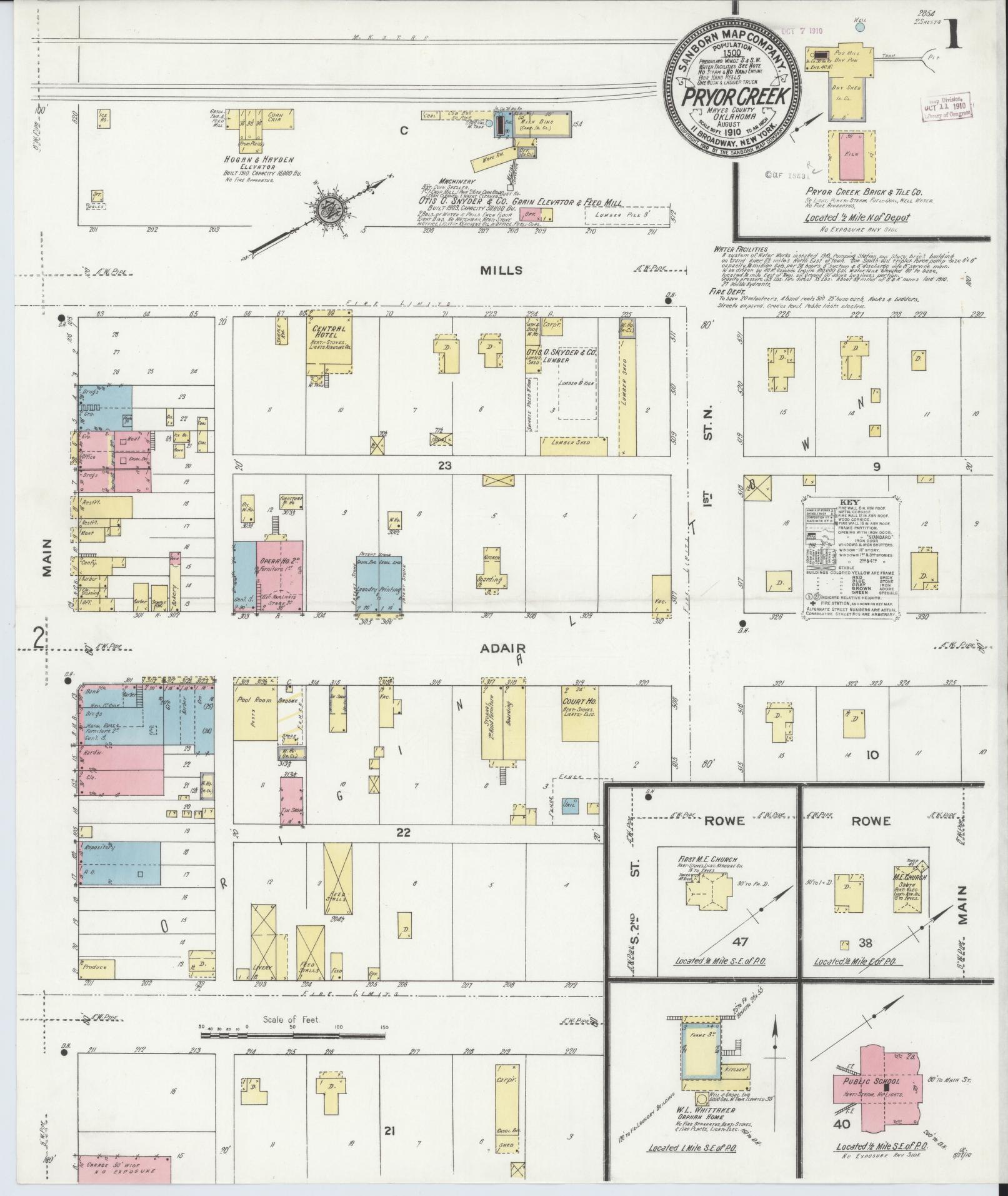 Sanborn Fire Insurance Map from Pryor Creek, Mayes County, Oklahoma (1910), Sheet #0001 - Complete Map Set gallery image, historic Sanborn map, vintage wall art, Oklahoma Oklahoma