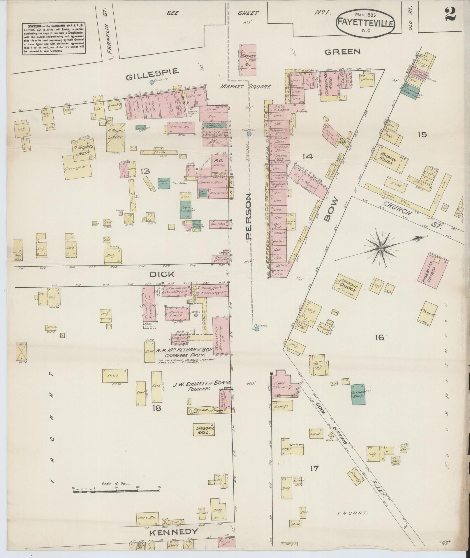 Sanborn Fire Insurance Map from Fayetteville, Cumberland County, North Carolina (1885), Sheet #0002 - Complete Map Set gallery image, historic Sanborn map, vintage wall art, North Carolina North Carolina