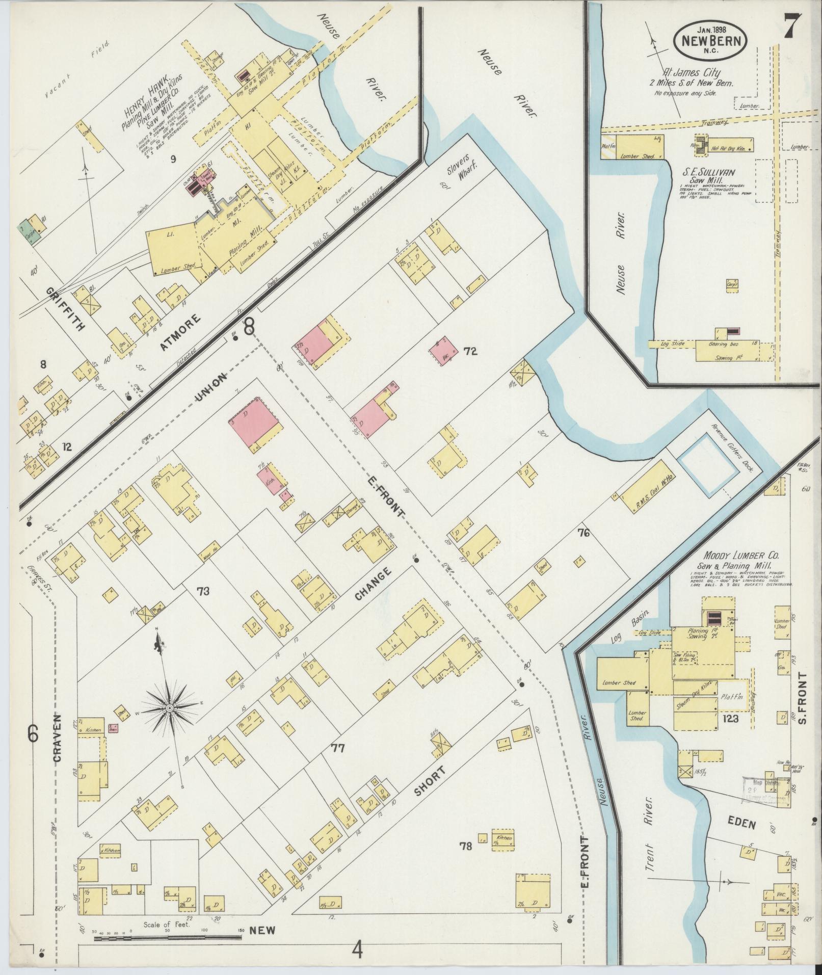 Sanborn Fire Insurance Map from New Bern, Craven County, North Carolina (1898), Sheet #0007 - Historic Sanborn Fire Insurance Map Print, vintage old map wall art, antique decor, genealogy gift, North Carolina North Carolina map