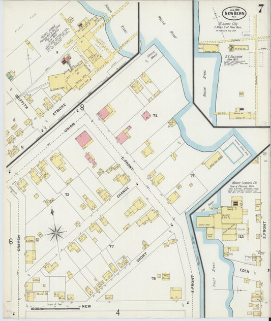 Sanborn Fire Insurance Map from New Bern, Craven County, North Carolina (1898), Sheet #0007 - Historic Sanborn Fire Insurance Map Print, vintage old map wall art, antique decor, genealogy gift, North Carolina North Carolina map