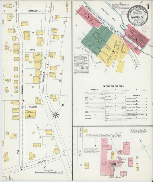 Sanborn Fire Insurance Map from Manville, Providence County, Rhode Island (1903), Sheet #0001 - Historic Sanborn Fire Insurance Map Print, vintage old map wall art, antique decor, genealogy gift, Rhode Island Rhode Island map