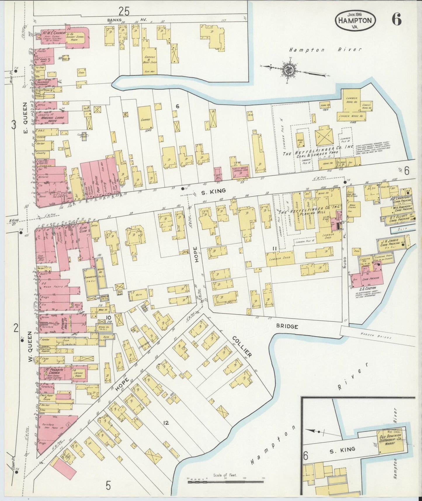 Sanborn Fire Insurance Map from Hampton, Independent Cities, Virginia (1916), Sheet #0006 - Complete Map Set gallery image, historic Sanborn map, vintage wall art, Virginia Virginia