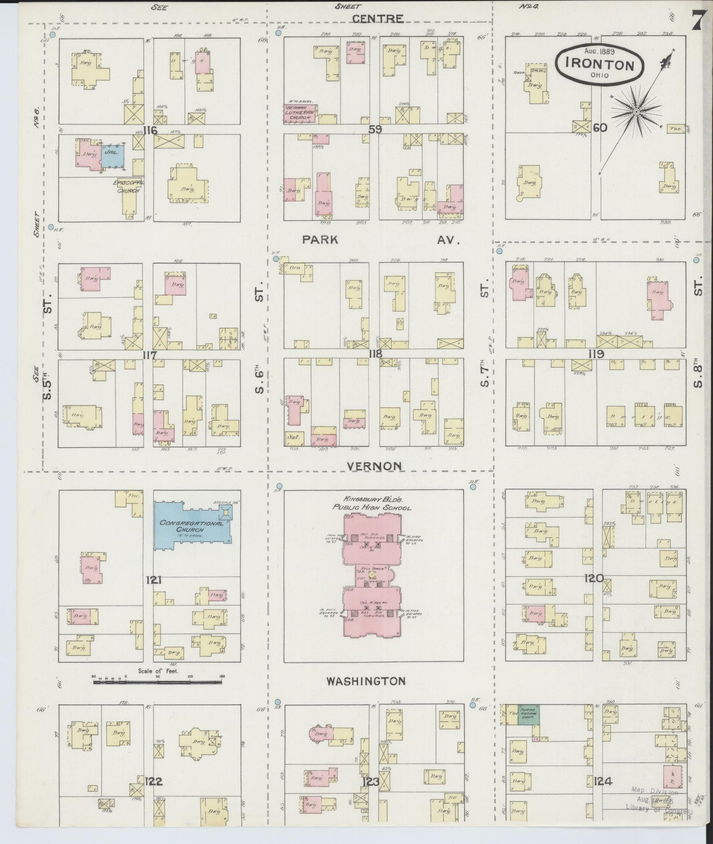 Sanborn Fire Insurance Map from Ironton, Lawrence County, Ohio (1889), Sheet #0007 - Historic Sanborn Fire Insurance Map Print, vintage old map wall art, antique decor, genealogy gift, Ohio Ohio map