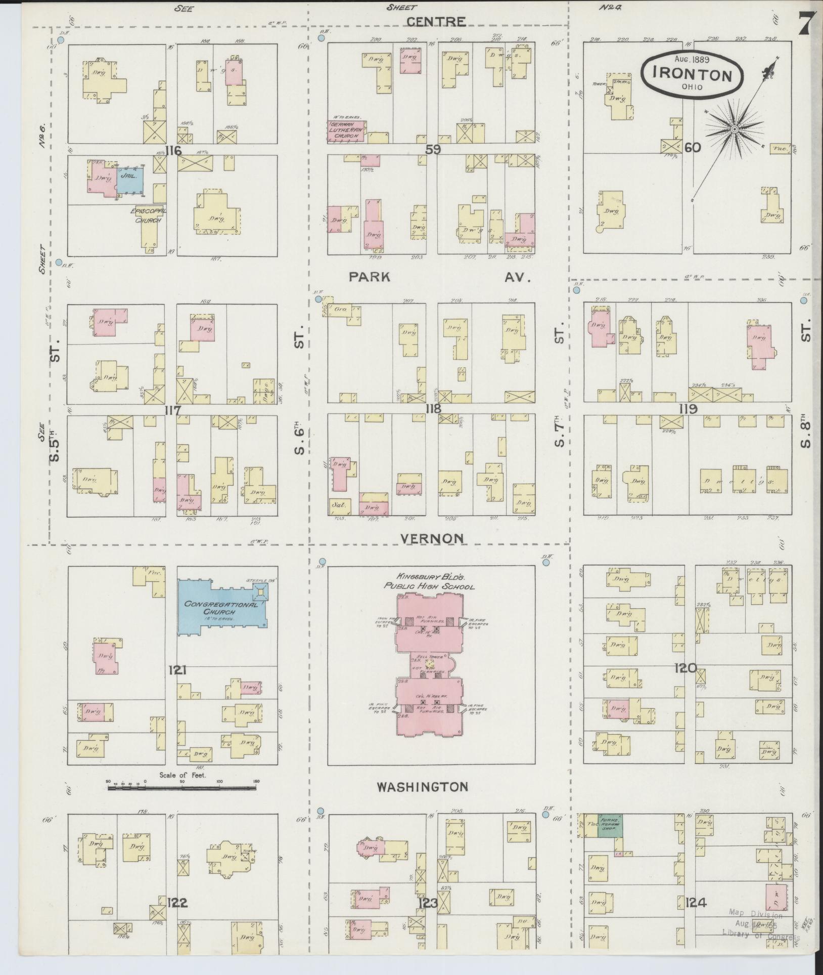 Sanborn Fire Insurance Map from Ironton, Lawrence County, Ohio (1889), Sheet #0007 - Historic Sanborn Fire Insurance Map Print, vintage old map wall art, antique decor, genealogy gift, Ohio Ohio map
