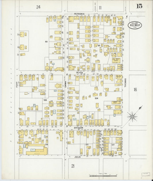 Sanborn Fire Insurance Map from Key West, Monroe County, Florida (1899), Sheet #0015 - Historic Sanborn Fire Insurance Map Print, vintage old map wall art, antique decor, genealogy gift, Florida Florida map