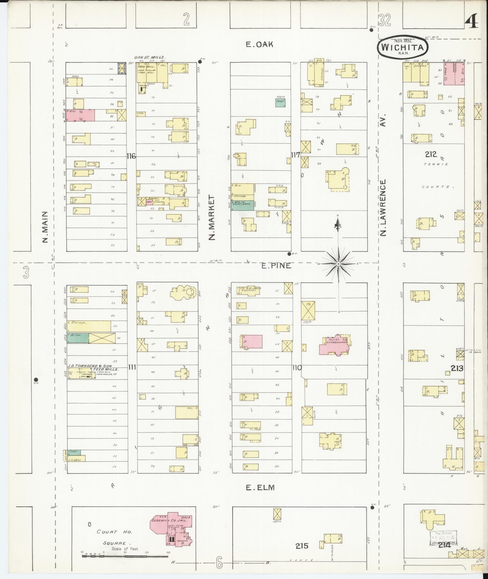 Sanborn Fire Insurance Map from Wichita, Sedgwick County, Kansas (1892), Sheet #0004 - Complete Map Set gallery image, historic Sanborn map, vintage wall art, Kansas Kansas