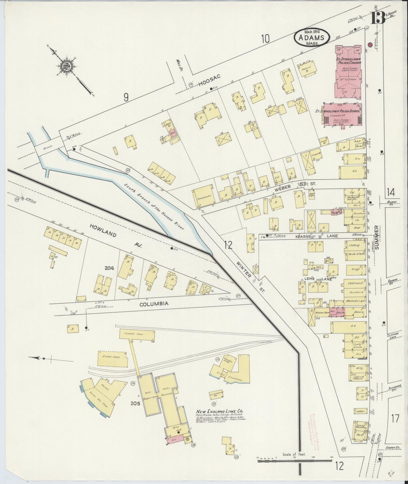 Sanborn Fire Insurance Map from Adams, Berkshire County, Massachusetts (1914), Sheet #0013 - Complete Map Set gallery image, historic Sanborn map, vintage wall art, Massachusetts Massachusetts