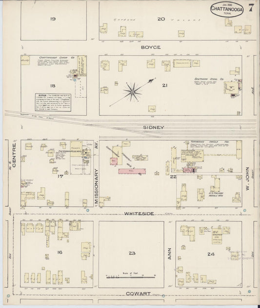 Sanborn Fire Insurance Map from Chattanooga, Hamilton County, Tennessee (1885), Sheet #0007 - Historic Sanborn Fire Insurance Map Print, vintage old map wall art, antique decor, genealogy gift, Tennessee Tennessee map
