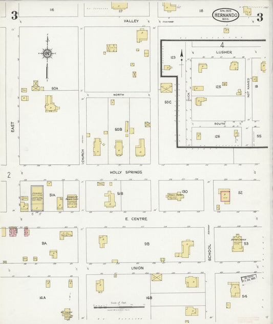 Sanborn Fire Insurance Map from Hernando, De Soto County, Mississippi (1925), Sheet #0003 - Historic Sanborn Fire Insurance Map Print, vintage old map wall art, antique decor, genealogy gift, Mississippi Mississippi map