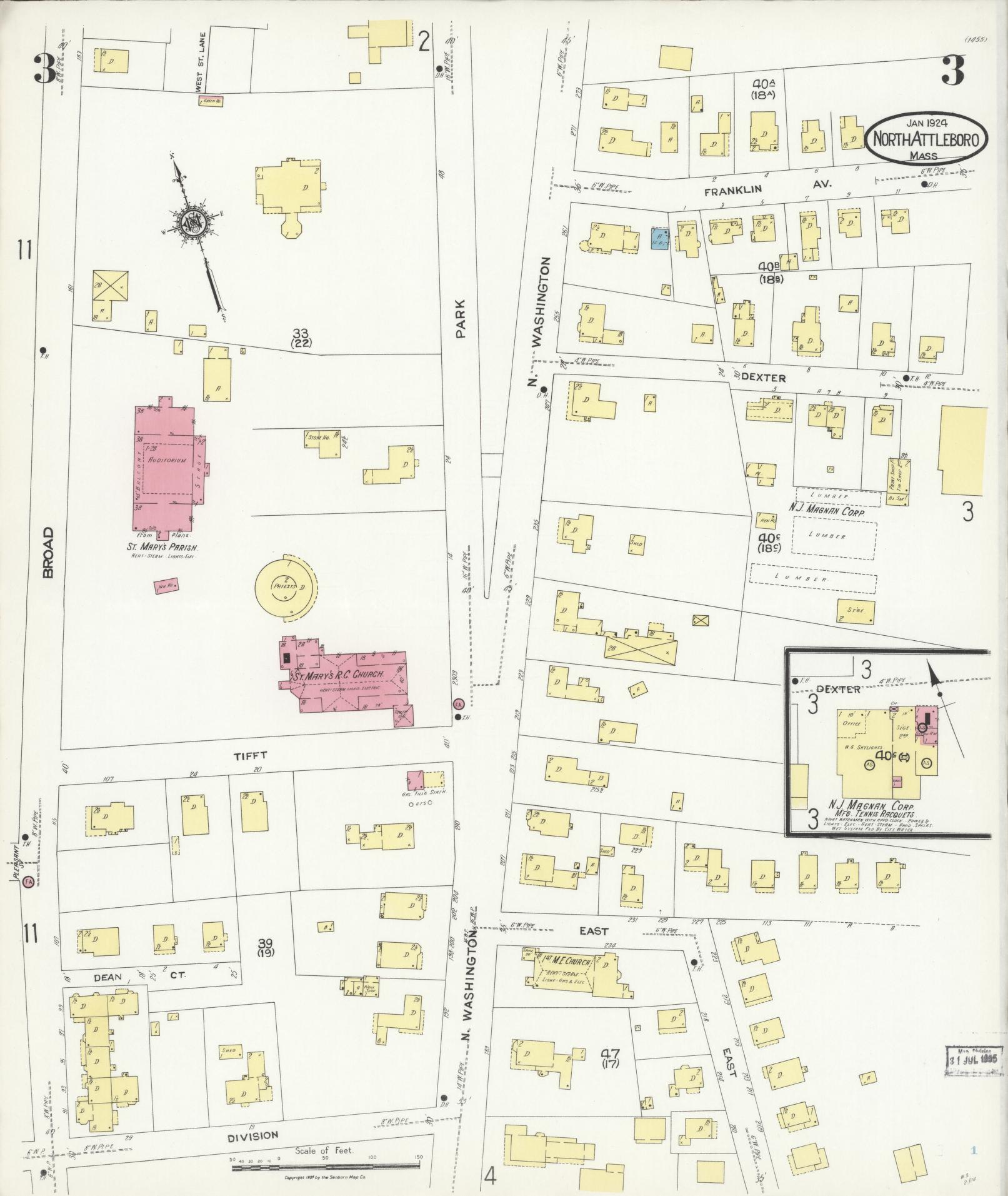 Sanborn Fire Insurance Map from North Attleborough, Bristol County, Massachusetts (1924), Sheet #0003 - Complete Map Set gallery image, historic Sanborn map, vintage wall art, Massachusetts Massachusetts