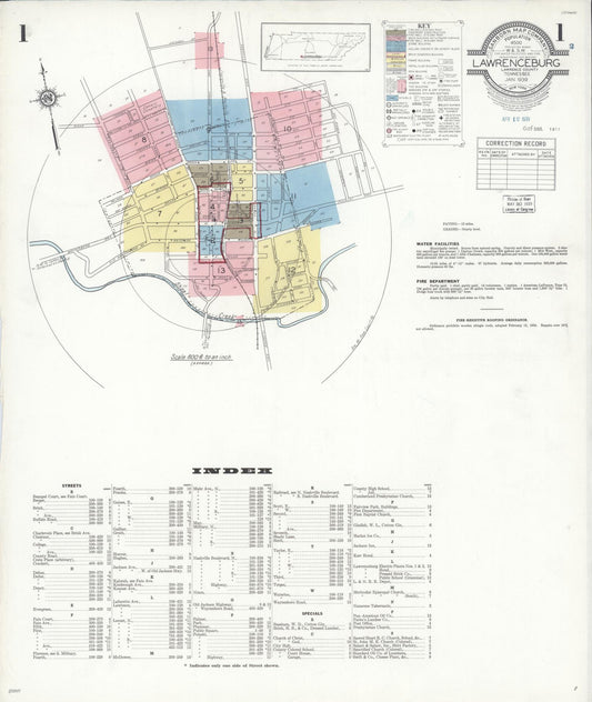 Sanborn Fire Insurance Map from Lawrenceburg, Lawrence County, Tennessee (1939), Sheet #0001 - Complete Map Set gallery image, historic Sanborn map, vintage wall art, Tennessee Tennessee