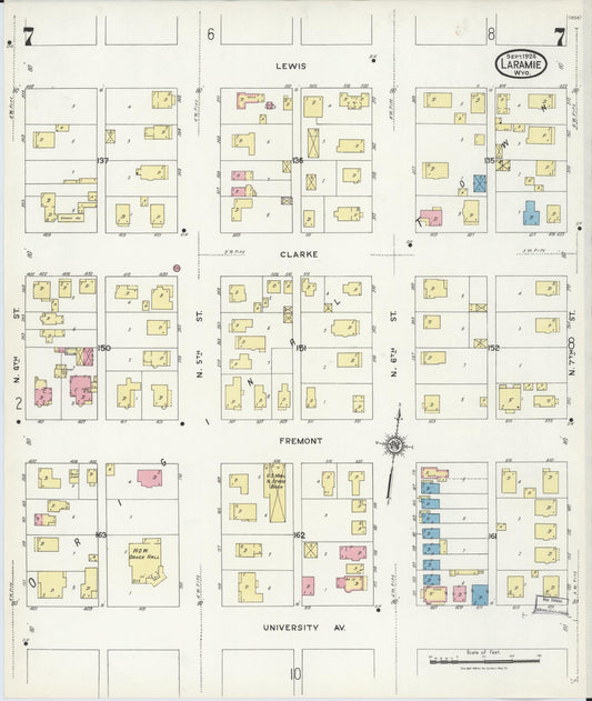 Sanborn Fire Insurance Map from Laramie, Albany County, Wyoming (1924), Sheet #0007 - Historic Sanborn Fire Insurance Map Print, vintage old map wall art, antique decor, genealogy gift, Wyoming Wyoming map