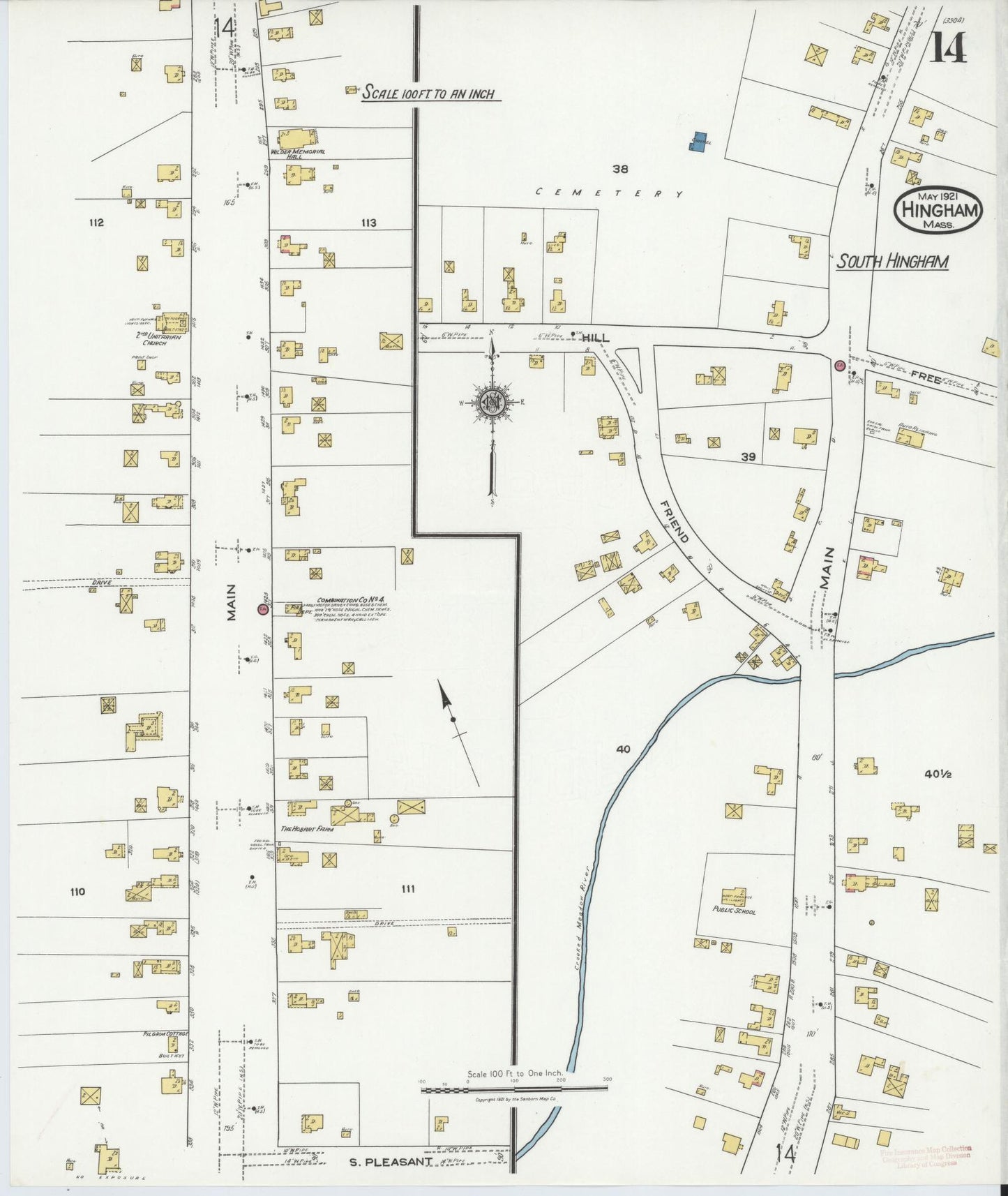 Sanborn Fire Insurance Map from Hingham, Plymouth County, Massachusetts (1921), Sheet #0014 - Complete Map Set gallery image, historic Sanborn map, vintage wall art, Massachusetts Massachusetts