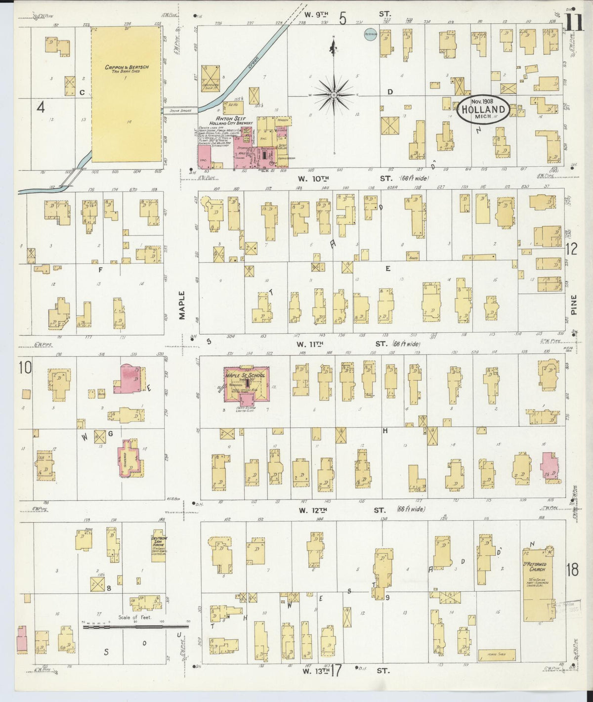 Sanborn Fire Insurance Map from Holland, Ottawa County, Michigan (1908), Sheet #0011 - Historic Sanborn Fire Insurance Map Print, vintage old map wall art, antique decor, genealogy gift, Michigan Michigan map