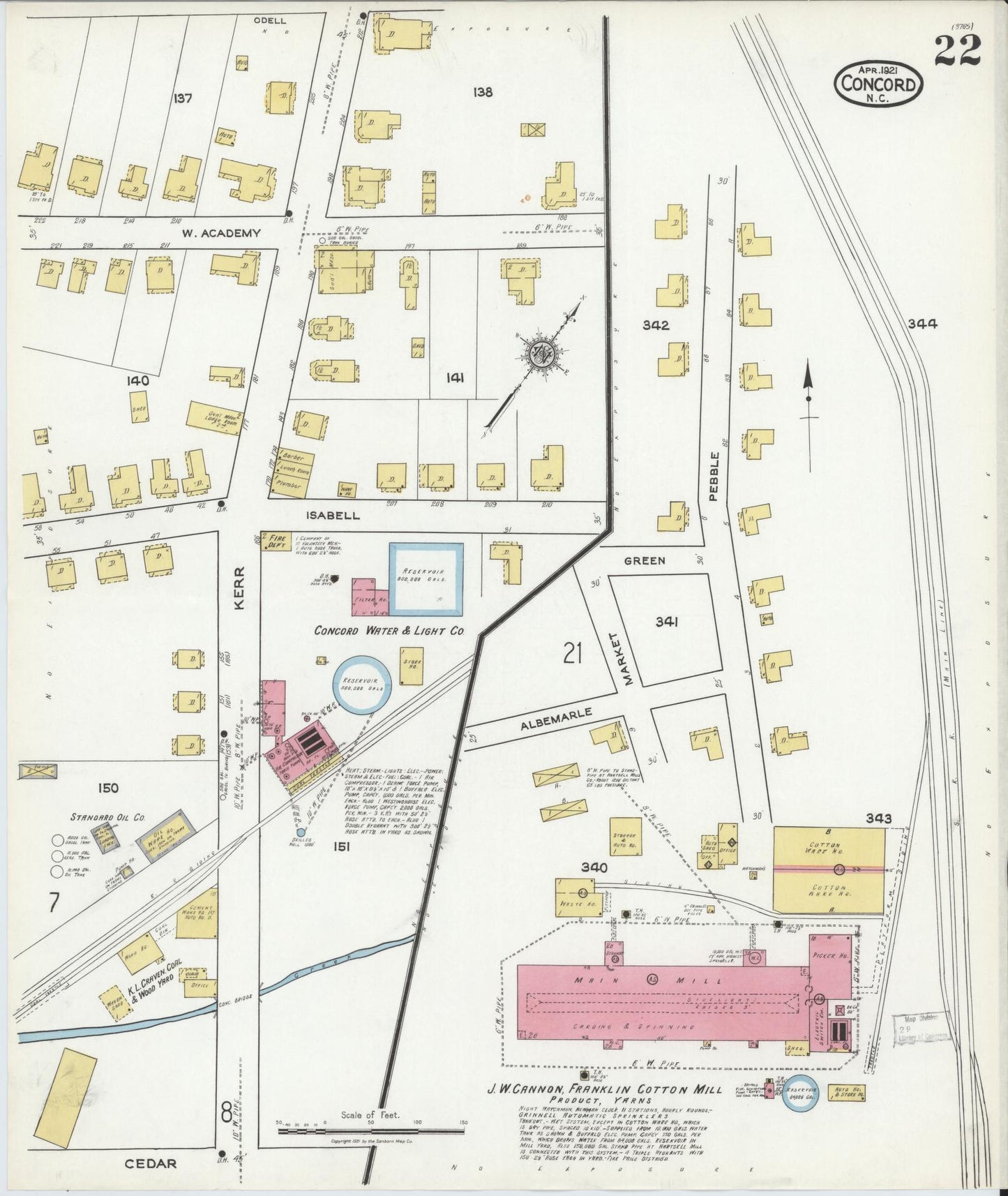 Sanborn Fire Insurance Map from Concord, Cabarrus County, North Carolina (1921), Sheet #0022 - Historic Sanborn Fire Insurance Map Print, vintage old map wall art, antique decor, genealogy gift, North Carolina North Carolina map