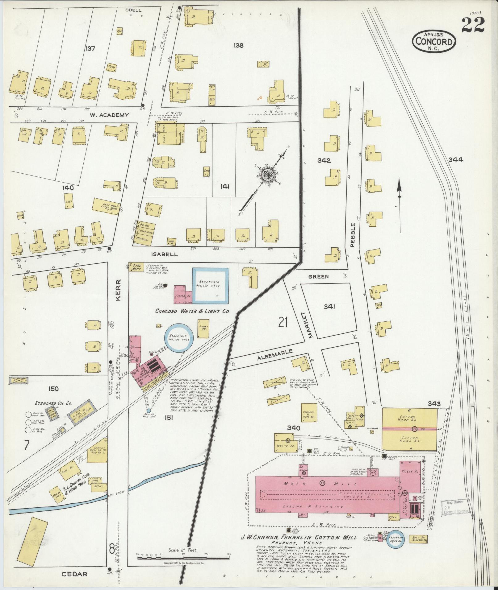 Sanborn Fire Insurance Map from Concord, Cabarrus County, North Carolina (1921), Sheet #0022 - Historic Sanborn Fire Insurance Map Print, vintage old map wall art, antique decor, genealogy gift, North Carolina North Carolina map