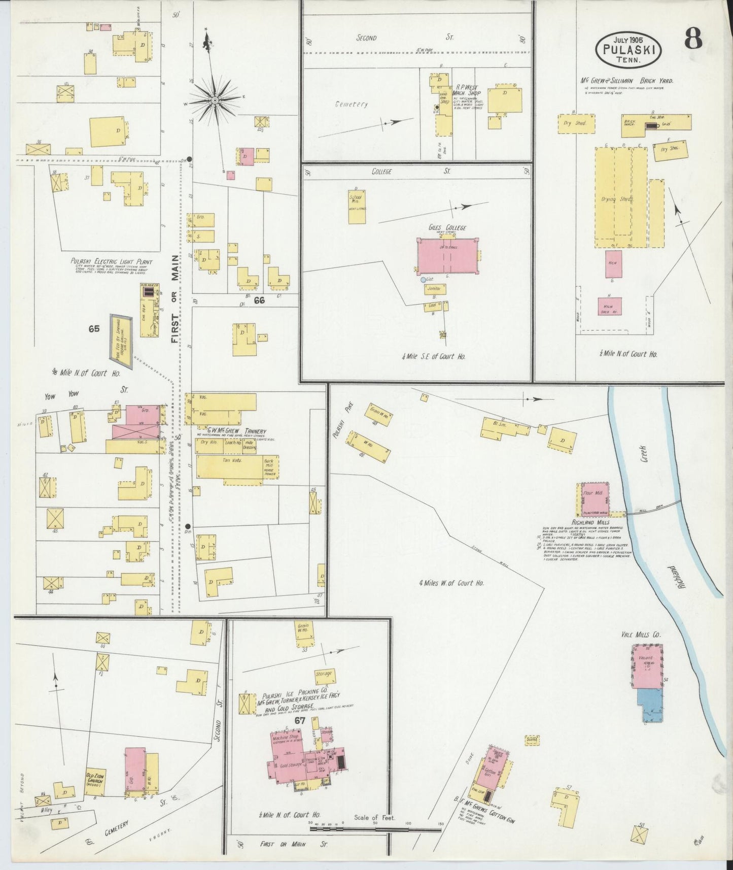 Sanborn Fire Insurance Map from Pulaski, Giles County, Tennessee (1905), Sheet #0008 - Complete Map Set gallery image, historic Sanborn map, vintage wall art, Tennessee Tennessee