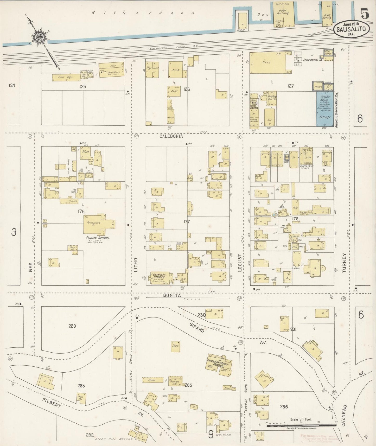 Sanborn Fire Insurance Map from Sausalito, Marin County, California (1919), Sheet #0005 - Complete Map Set gallery image, historic Sanborn map, vintage wall art, California California