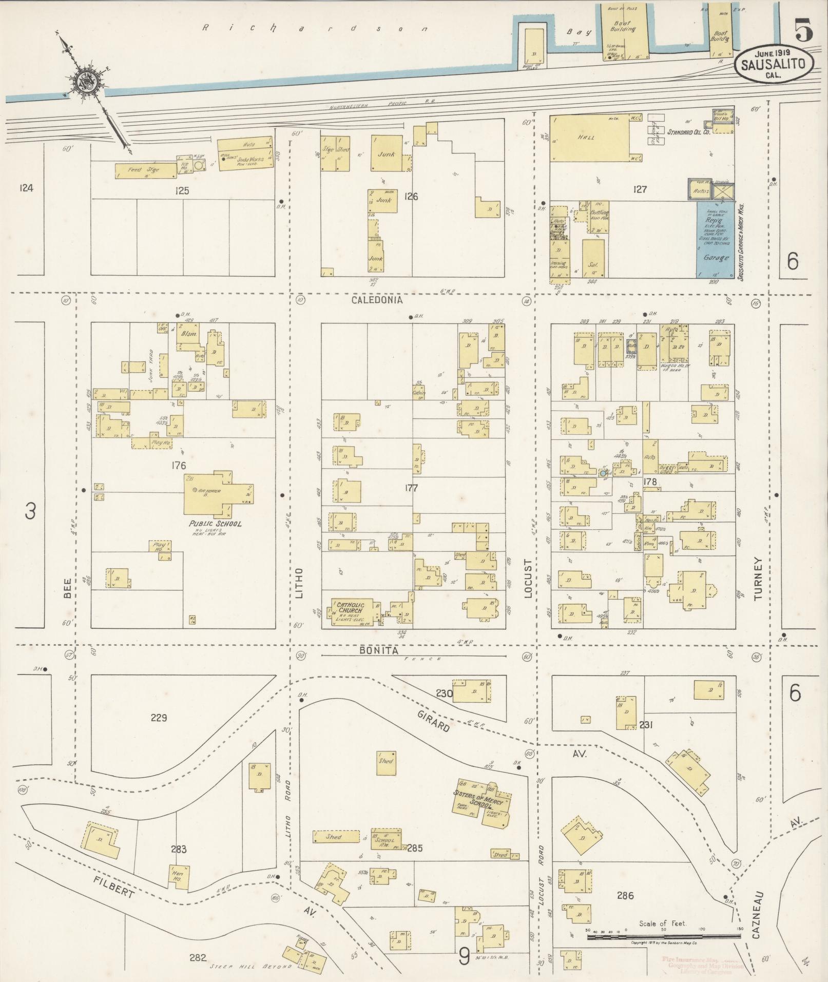 Sanborn Fire Insurance Map from Sausalito, Marin County, California (1919), Sheet #0005 - Complete Map Set gallery image, historic Sanborn map, vintage wall art, California California