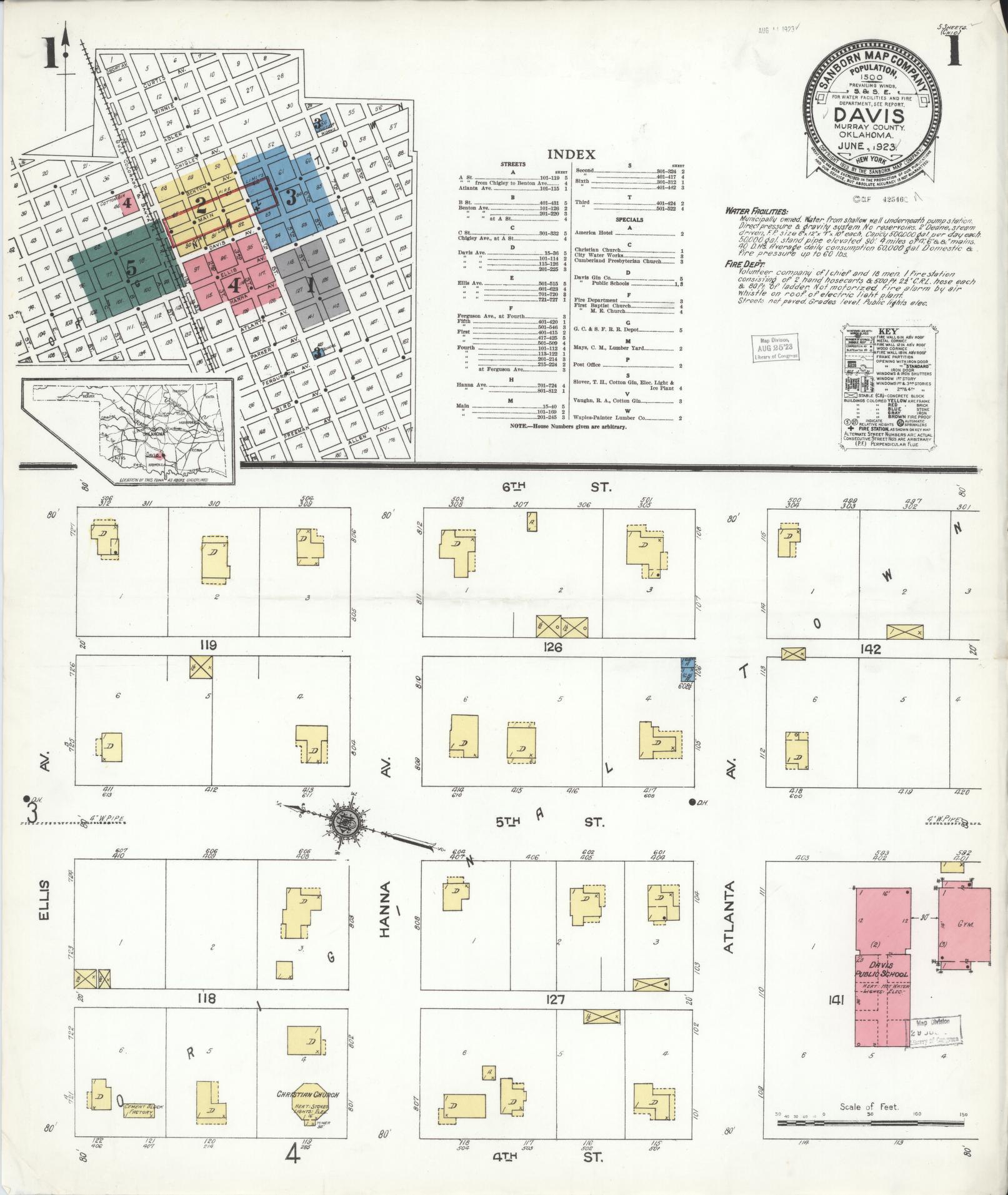 Sanborn Fire Insurance Map from Davis, Murray County, Oklahoma (1923), Sheet #0001 - Complete Map Set gallery image, historic Sanborn map, vintage wall art, Oklahoma Oklahoma
