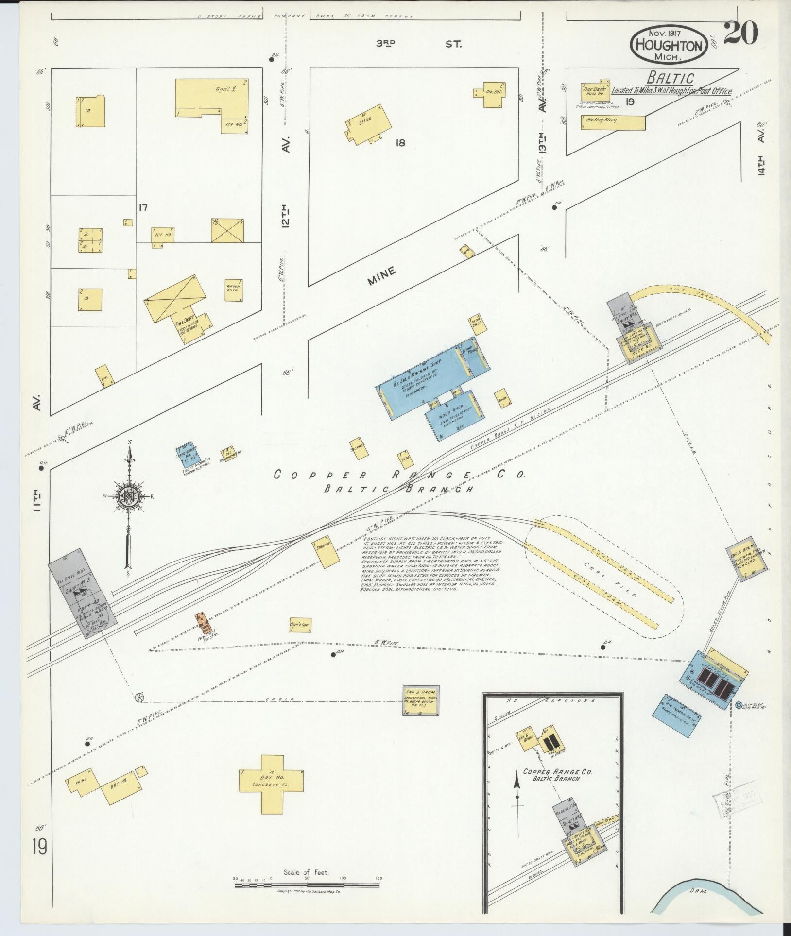 Sanborn Fire Insurance Map from Houghton, Houghton County, Michigan (1917), Sheet #0020 - Historic Sanborn Fire Insurance Map Print, vintage old map wall art, antique decor, genealogy gift, Michigan Michigan map
