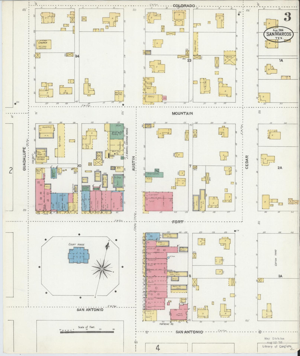 Sanborn Fire Insurance Map from San Marcos, Hays County, Texas (1906), Sheet #0003 - Complete Map Set gallery image, historic Sanborn map, vintage wall art, Texas Texas