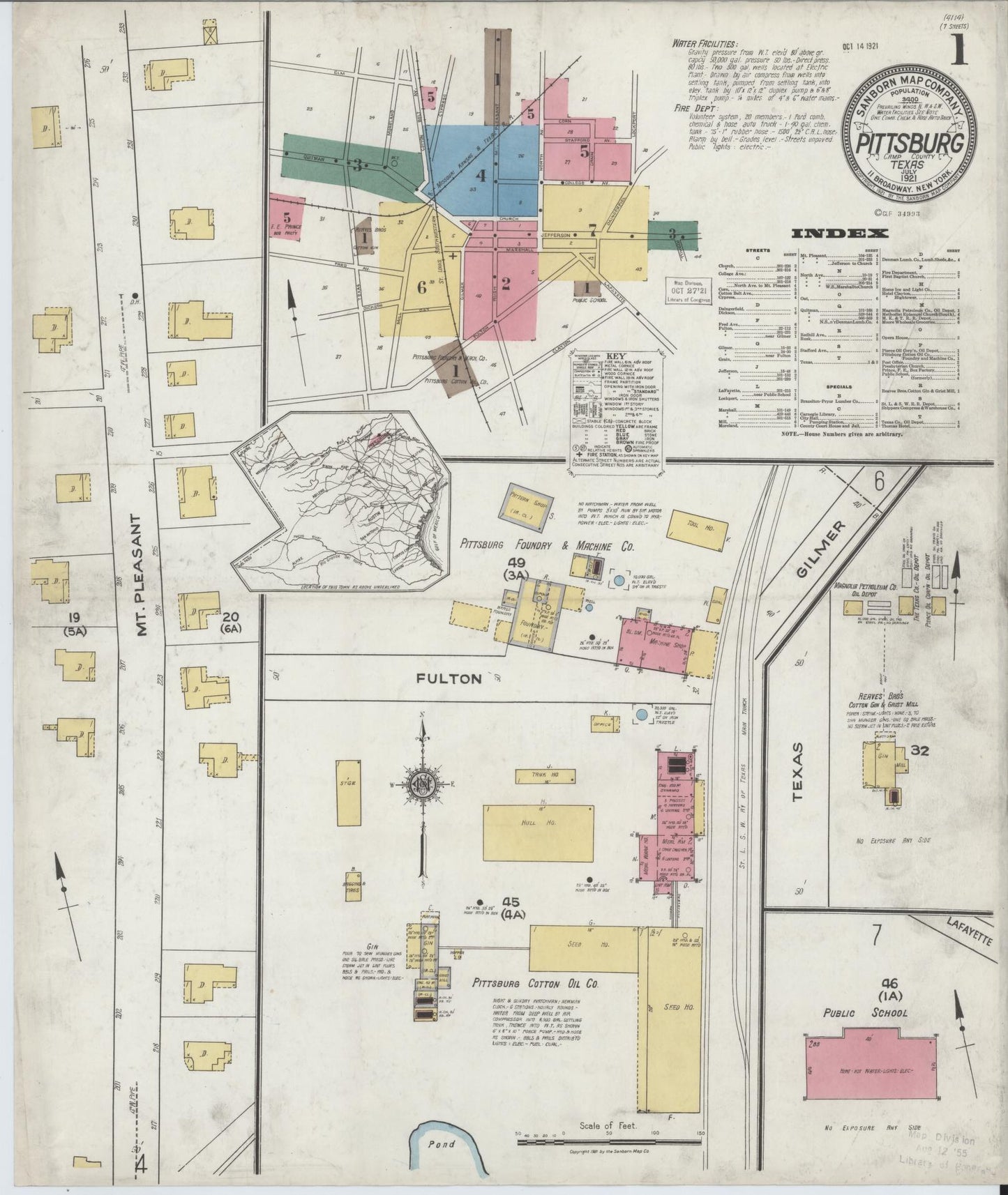 Sanborn Fire Insurance Map from Pittsburg, Camp County, Texas (1921), Sheet #0001 - Complete Map Set gallery image, historic Sanborn map, vintage wall art, Texas Texas
