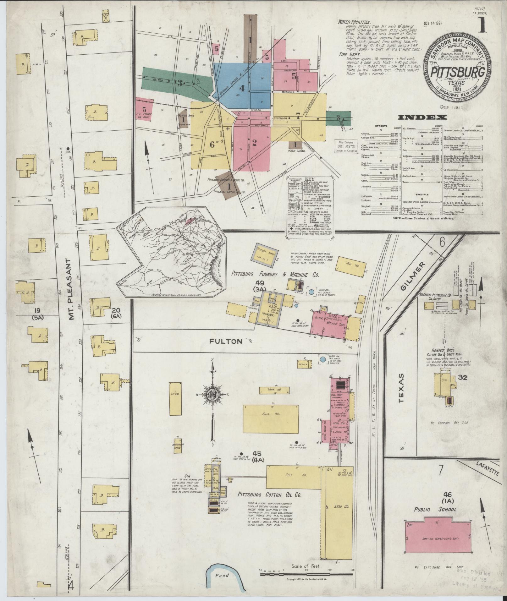 Sanborn Fire Insurance Map from Pittsburg, Camp County, Texas (1921), Sheet #0001 - Complete Map Set gallery image, historic Sanborn map, vintage wall art, Texas Texas