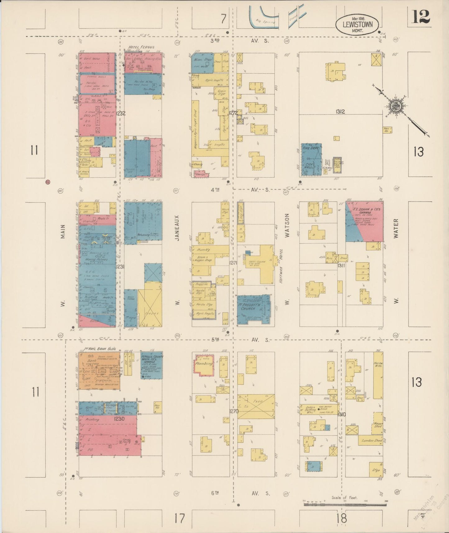 Sanborn Fire Insurance Map from Lewistown, Fergus County, Montana (1916), Sheet #0012 - Historic Sanborn Fire Insurance Map Print, vintage old map wall art, antique decor, genealogy gift, Montana Montana map
