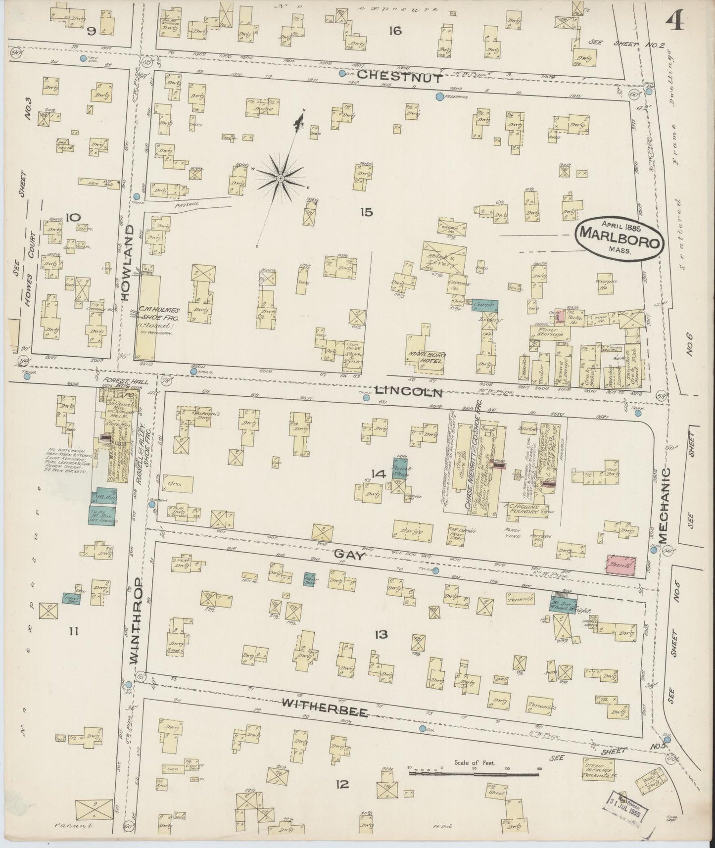 Sanborn Fire Insurance Map from Marlborough, Middlesex County, Massachusetts (1885), Sheet #0004 - Historic Sanborn Fire Insurance Map Print, vintage old map wall art, antique decor, genealogy gift, Massachusetts Massachusetts map