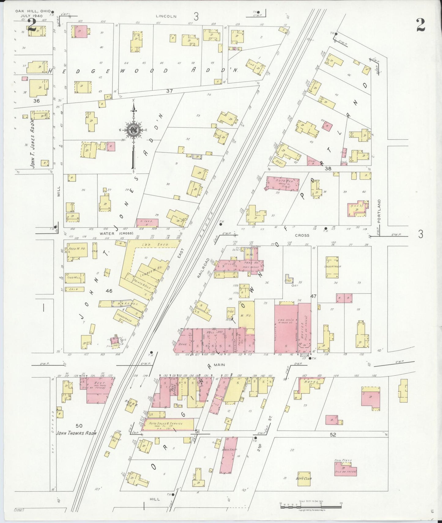 Sanborn Fire Insurance Map from Oak Hill, Jackson County, Ohio (1940), Sheet #0002 - Historic Sanborn Fire Insurance Map Print, vintage old map wall art, antique decor, genealogy gift, Ohio Ohio map