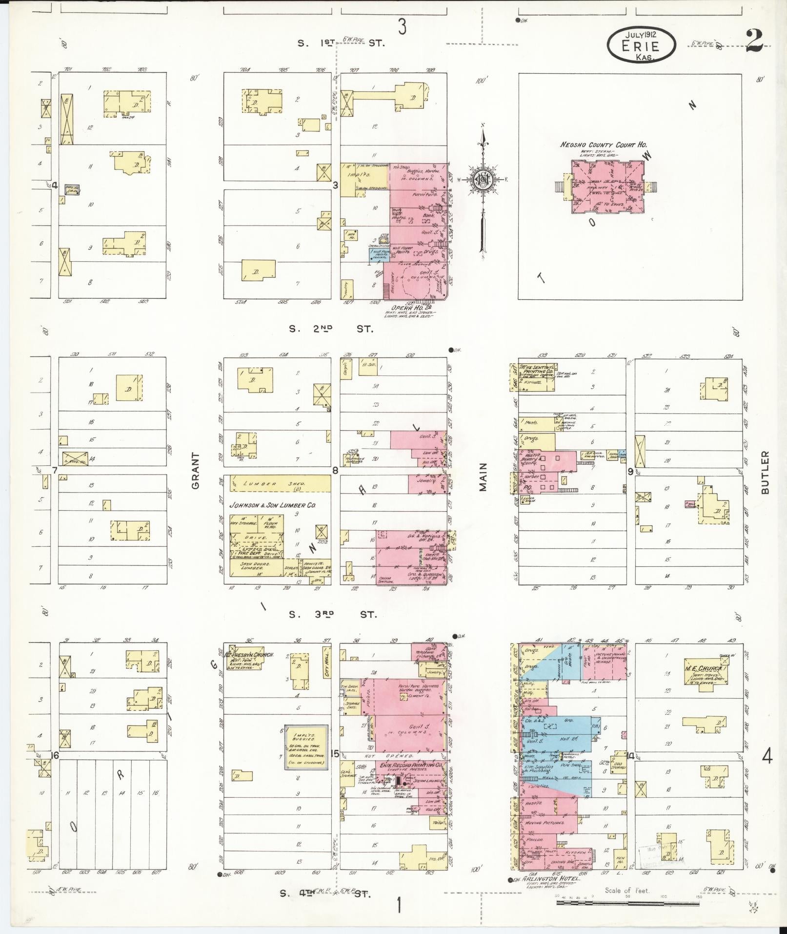 Sanborn Fire Insurance Map from Erie, Neosho County, Kansas (1912), Sheet #0002 - Historic Sanborn Fire Insurance Map Print, vintage old map wall art, antique decor, genealogy gift, Kansas Kansas map