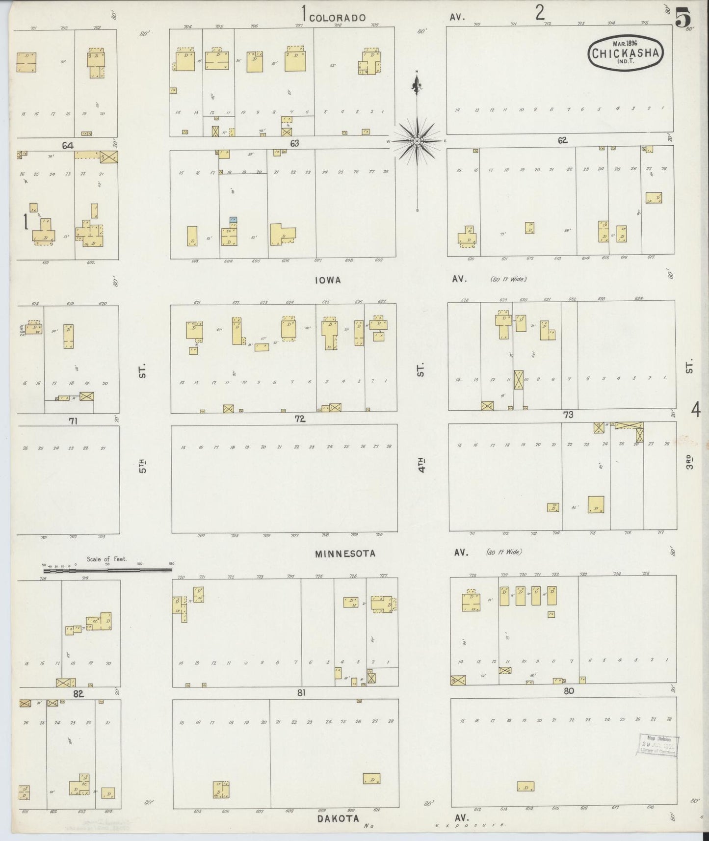 Sanborn Fire Insurance Map from Chickasha, Grady County, Oklahoma (1896), Sheet #0005 - Complete Map Set gallery image, historic Sanborn map, vintage wall art, Oklahoma Oklahoma