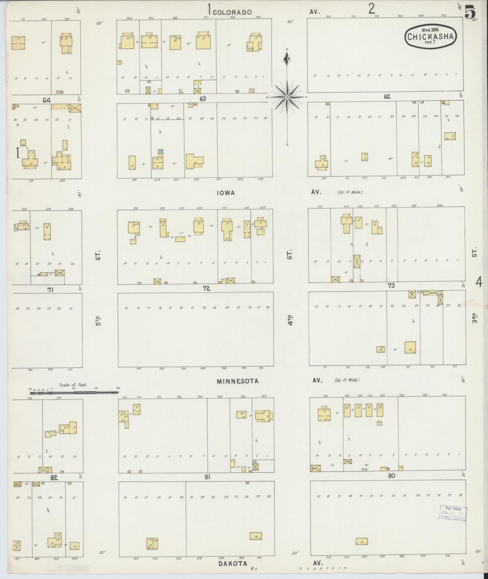 Sanborn Fire Insurance Map from Chickasha, Grady County, Oklahoma (1896), Sheet #0005 - Complete Map Set gallery image, historic Sanborn map, vintage wall art, Oklahoma Oklahoma