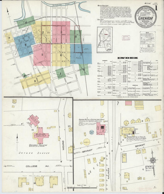Sanborn Fire Insurance Map from Grenada, Grenada County, Mississippi (1913), Sheet #0001 - Historic Sanborn Fire Insurance Map Print, vintage old map wall art, antique decor, genealogy gift, Mississippi Mississippi map