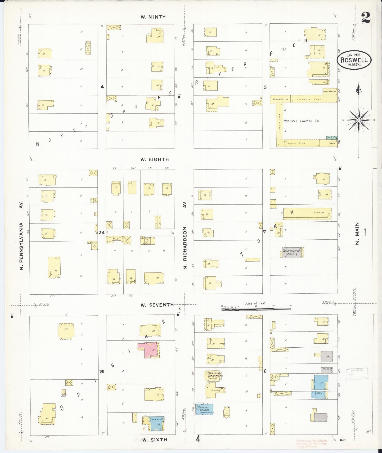 Sanborn Fire Insurance Map from Roswell, Chaves County, New Mexico (1909), Sheet #0002 - Historic Sanborn Fire Insurance Map Print, vintage old map wall art, antique decor, genealogy gift, New Mexico New Mexico map