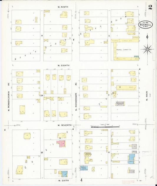 Sanborn Fire Insurance Map from Roswell, Chaves County, New Mexico (1909), Sheet #0002 - Historic Sanborn Fire Insurance Map Print, vintage old map wall art, antique decor, genealogy gift, New Mexico New Mexico map