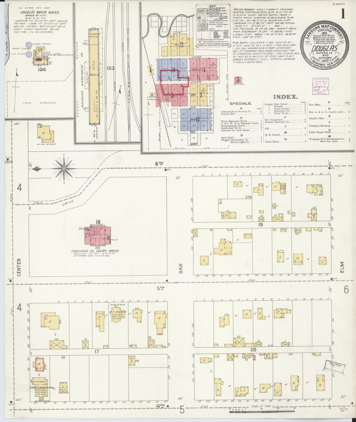 Sanborn Fire Insurance Map from Douglas, Converse County, Wyoming (1907), Sheet #0001 - Historic Sanborn Fire Insurance Map Print, vintage old map wall art, antique decor, genealogy gift, Wyoming Wyoming map