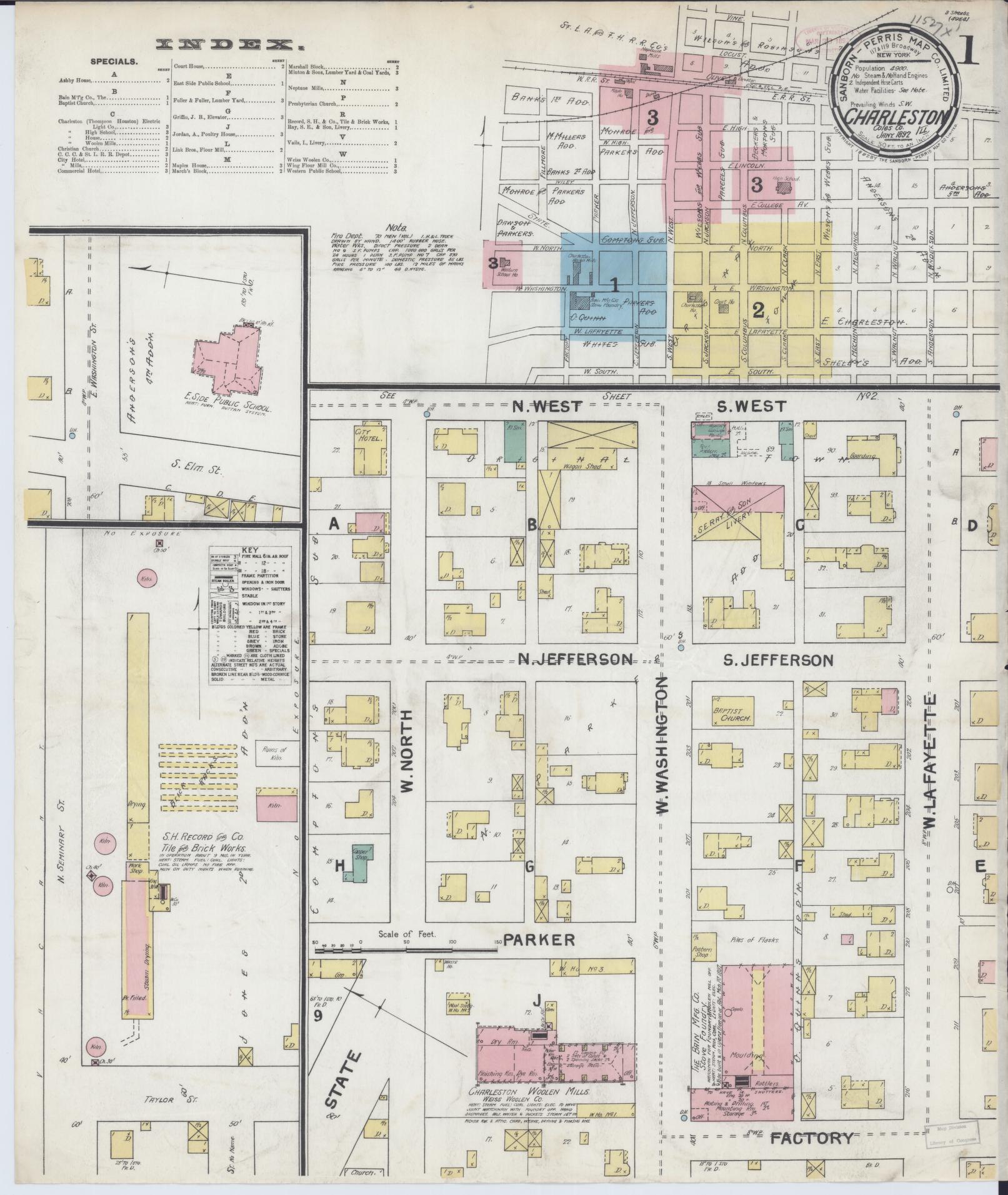 Sanborn Fire Insurance Map from Charleston, Coles County, Illinois (1892), Sheet #0001 - Historic Sanborn Fire Insurance Map Print, vintage old map wall art, antique decor, genealogy gift, Illinois Illinois map