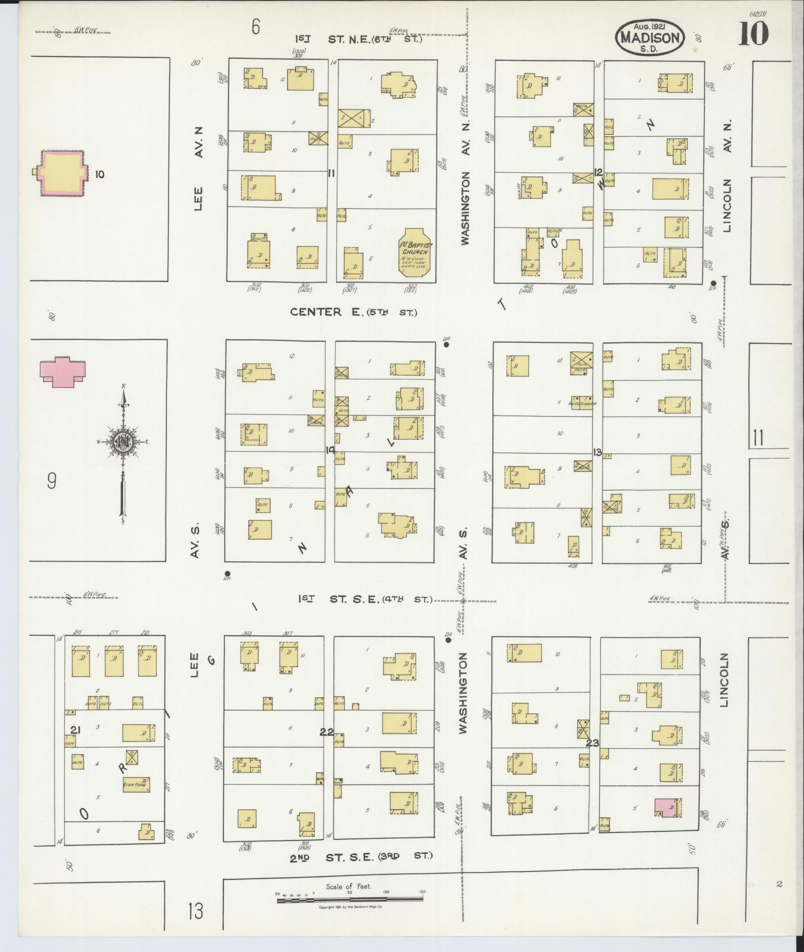 Sanborn Fire Insurance Map from Madison, Lake County, South Dakota (1921), Sheet #0010 - Historic Sanborn Fire Insurance Map Print, vintage old map wall art, antique decor, genealogy gift, South Dakota South Dakota map
