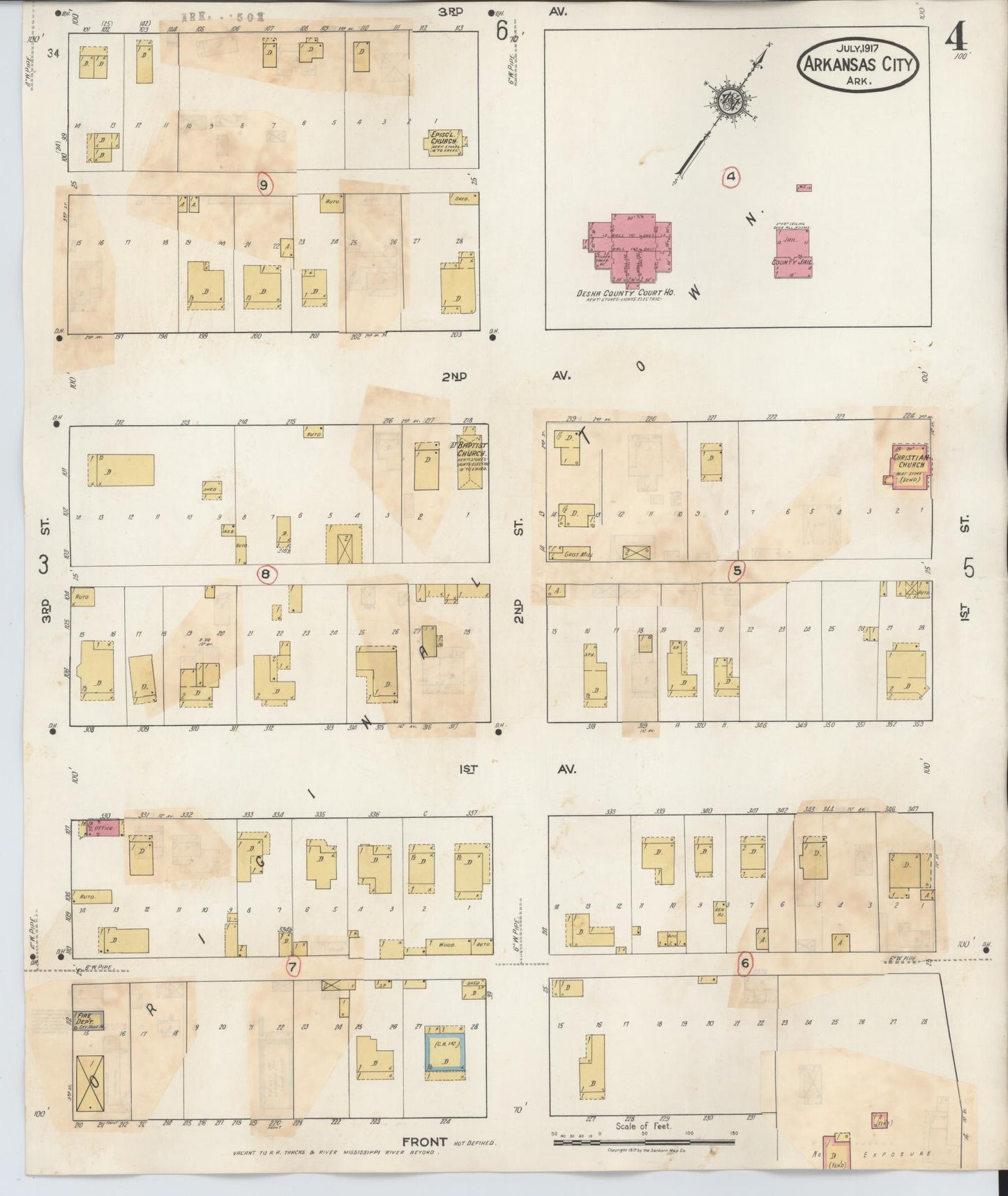 Sanborn Fire Insurance Map from Arkansas City, Desha County, Arkansas (1932), Sheet #0004 - Historic Sanborn Fire Insurance Map Print, vintage old map wall art, antique decor, genealogy gift, Arkansas Arkansas map