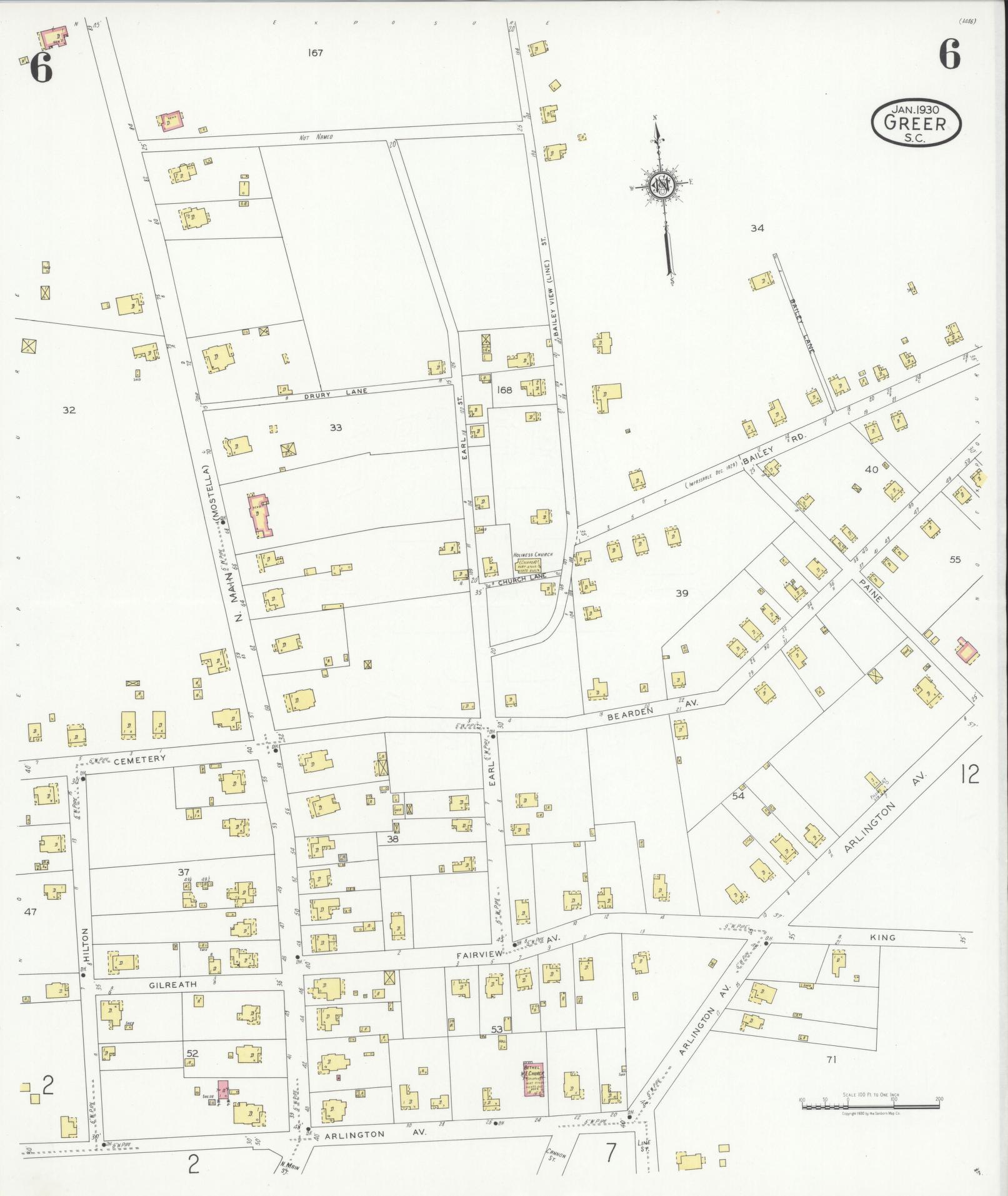 Sanborn Fire Insurance Map from Greer, Greenville and Spartanburg Counties, South Carolina (1930), Sheet #0006 - Complete Map Set gallery image, historic Sanborn map, vintage wall art, South Carolina South Carolina