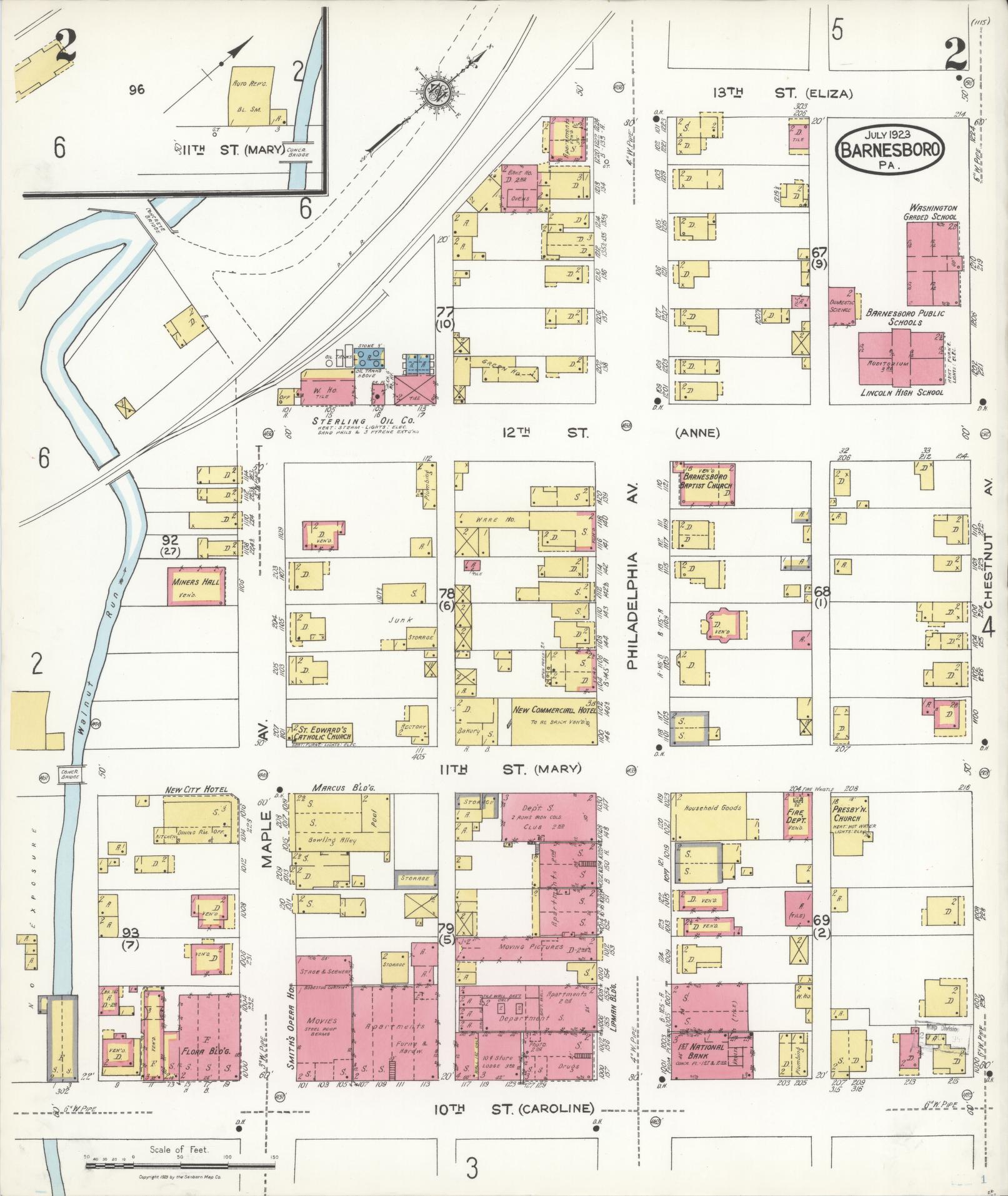 Sanborn Fire Insurance Map from Barnesboro, Cambria County, Pennsylvania (1923), Sheet #0002 - Historic Sanborn Fire Insurance Map Print, vintage old map wall art, antique decor, genealogy gift, Pennsylvania Pennsylvania map